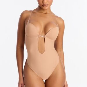 Nude Plunging V-Neck Backless Thong Bodysuit